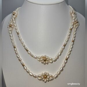 Baroque Freshwater Pearl Necklace 14K Gold Beads Floral Accents 34"